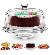 Glass Cake Stand with Dome Cover (6 in 1) Multi-Functional Serving Platter and Cake Plate - Use a...