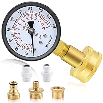 Water Pressure Gauge Kit,Universal Water Pressure Test Gauge with Lead-Free Brass Hose Fittings,3/4&#34; Female Coupler Plus 5 Adapters to Test in Multiple Systems,0-200 Psi Hydraulic Pressure Tester