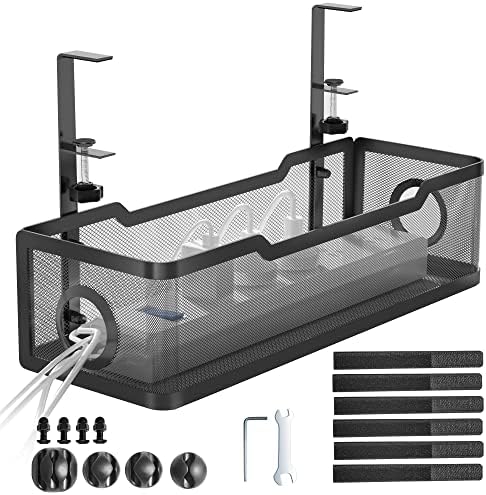 Under Desk Cable Management Tray Black, Cinati Cable Management Under Desk No Drill, Cable Tray with Clamp for Desk Wire Management,Desk Cable Management Box for Office, Home - No Damage to Desk