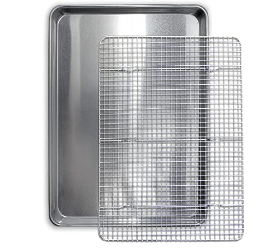 Commercial Quality Half Sheet Baking Pan and Stainless Steel Cooling Wire Rack Set - Aluminum Tray 18