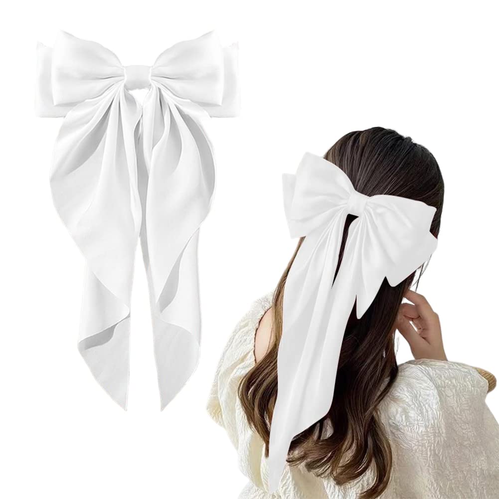 Kefley Large Hair Bow Clips for Women Girls Silky Satin Hair Barrettes with Long Ribbon Tail White Hair Bows Slides Wedding Hair Accessories for Women Girls (white)