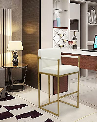 quest bar cream - Iconic Home Quest Bar Stool Chair PU Leather Upholstered Square Arm Design Architectural Goldtone Solid Metal Base Modern Contemporary, Cream