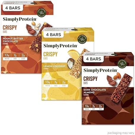 Simply Protein - Crispy Vegan Protein Bars Variety Pack, 3 Flavors - Plant Based, Protein Snacks - 13g Protein, 2g Sugar, 7g Fiber - Gluten Free, Non GMO, Kosher - 12 Bars, 3 Boxes