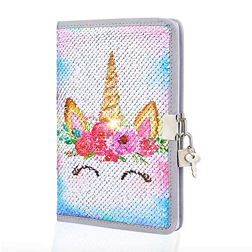 MHJY Unicorn Notebook Sequin Secret Diary with Lock,Reversible Mermaid Sequin Notebook Private Journal Magic Travel Journal Unicorn Notebook Gift for Adults and Kids