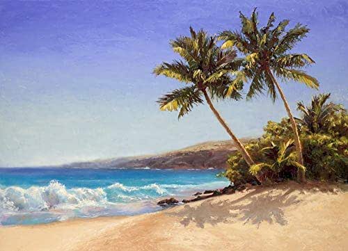 Hawaii Beach Landscape Wall Art Print of Waves, Ocean, and Palm Trees in a Tropical Painting