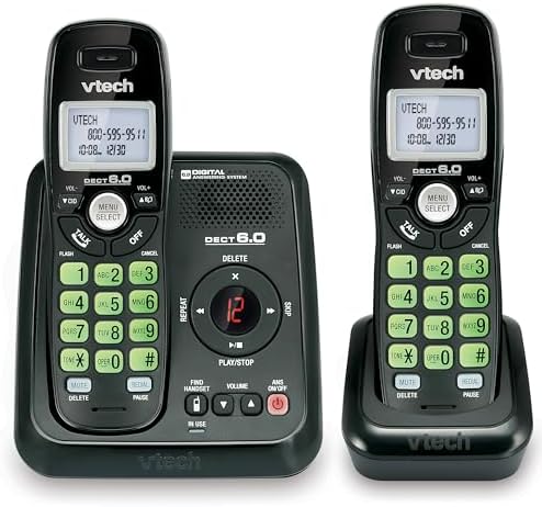 Vtech Dect 6.0 2-Handset Cordless Phone System with Digital Answering Machine and Green Backlit Keypad and Display (CS6124-21), Black