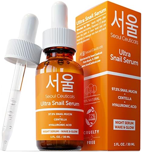 SeoulCeuticals Korean Skin Care 97.5% Snail Mucin Serum – K Beauty Skincare Night Serum Hyaluronic Acid for Face - Centella Anti Wrinkle Serum 1oz