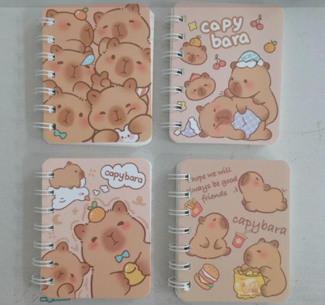 Geluode 4 Packs Capybara Mini Spiral Notebooks, A7 8x10.5cm Cute Waterproof Pocket Notepads Journal Memo Pads for Birthday Party Favors Birthday Gifts Stocking Stuffers School Kids Students Rewards