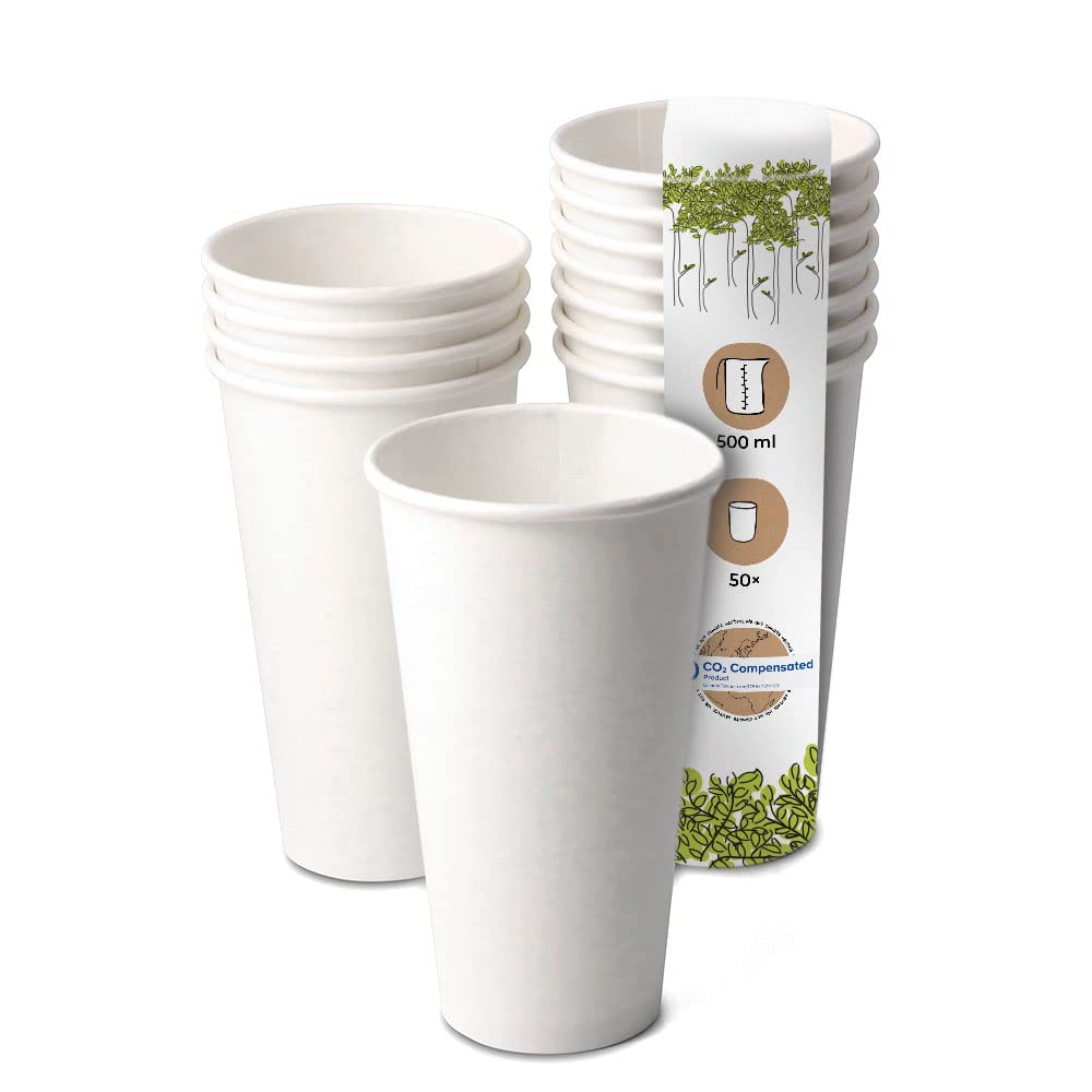 GREENBOXPack of 50 White Paper Cups 500 ml / 20 oz Diameter 90 mm | Environmentally Friendly, Recyclable & Simple | Coffee Cups to Go