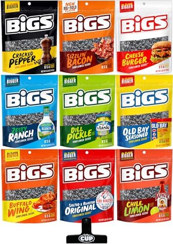 Bigs Flavored Sunflower Seed Variety, 5.35oz Bags (Pack of 9) with By The Cup Bag Clip