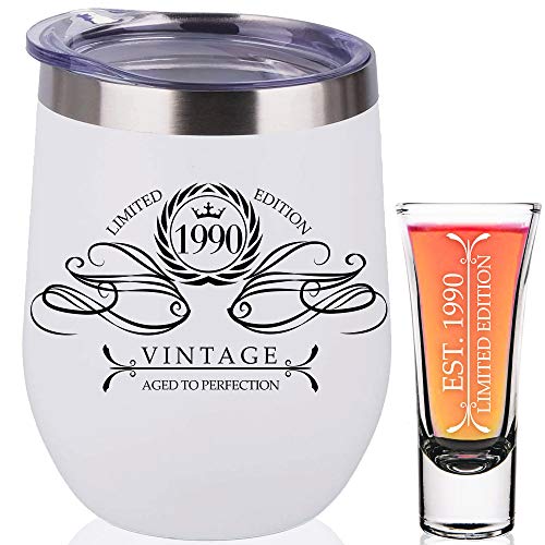 1990 31st Birthday Gifts For Women Men 31st Birthday Decorations Present for Women Funny Present Ideas Her Him Wife Mom Dad Husband White Wine Tumbler Stainless Steel Shot Glass 31 Anniversary