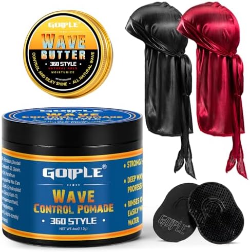 360 Wave Pomade Strong Hold 360 Wave Training Hair Cream, Wave Greasy Wave Butter for Men Pocket Palm Brush Curved Wave Brush for Men Silky Durags for Men Extra Long Tails Wave Brush Wave Cap Set