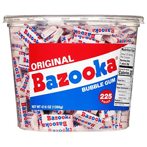 Bazooka Bubble Gum 225 Count Individually Wrapped Pink Chewing Gum in Original Flavor - Bulk Bubble Gum Tub - Fun Old Fashioned Candy for Halloween Parties and Trick or Treaters