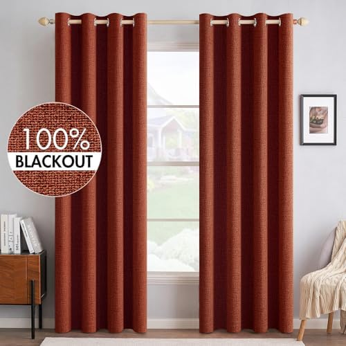 MIULEE 100% Blackout Linen Curtains for Bedroom Thermal Insulated Burnt Orange Grommet Room Darkening Curtains & Drapes Rust Terracotta Fall Decor for Living Room Nursery 52 x 84 Inch (2 Panels)