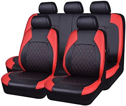 HORSE KINGDOM Universal Faux Leather Car Seat Covers Full Set Airbag Compatible Breathable Fit for Cars Trucks SUVs Deluxe Pu Luxury Vinyl(Black with Red)