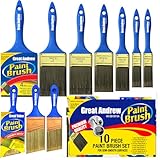 Great Andrew 10 Pack Professional Paint Brushes (4' 3' 2' 2.5' 1.5' 1' Flat & Angle) Painters Paint Brush Set, Paint Brushes for Walls, Painting Brushes Bulk, House Painting Tool Set Kit