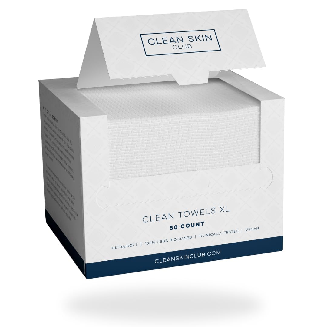 CLEAN SKIN CLUBClean Towels XL™, 100% USDA Biobased Face Towel, Disposable Face Towelette, Makeup Remover Dry Wipes, Ultra Soft, 50 Ct, 1 Pack