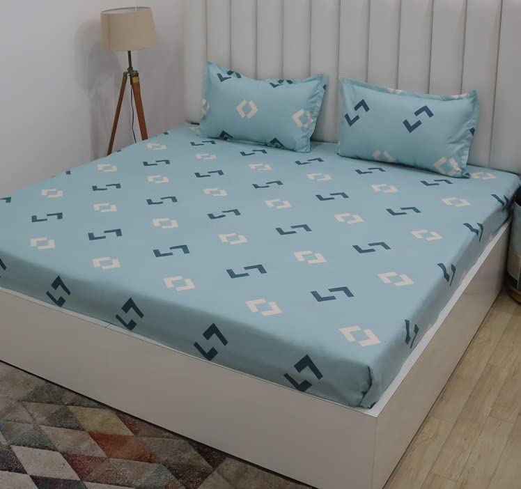 RD TREND King Size Elastic Fitted Double Bedsheet (72 x 78 x 6 Inches) with 2 Pillow Covers (Aqua)