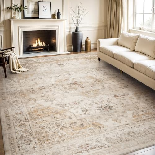 AMOAMI-Area Rug 8X10 Rugs for Living Room-Vintage Soft Beige Rugs for Bedroom-Non Slip Carpet-Washable Rug for Dining Room Living Room Bedroom Office Under Table