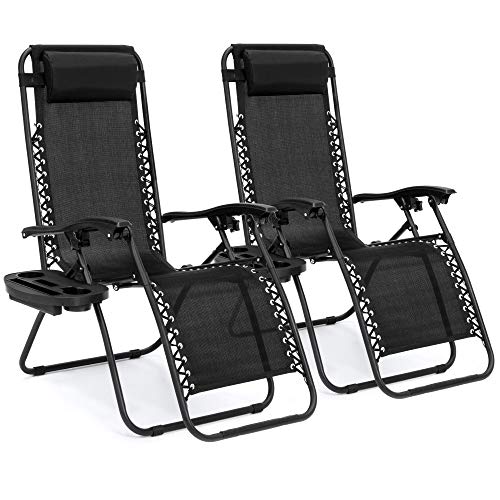 Best Choice Products Set of 2 Adjustable Steel Mesh Zero Gravity Lounge Chair Recliners w Pillows and Cup Holder Trays, Black