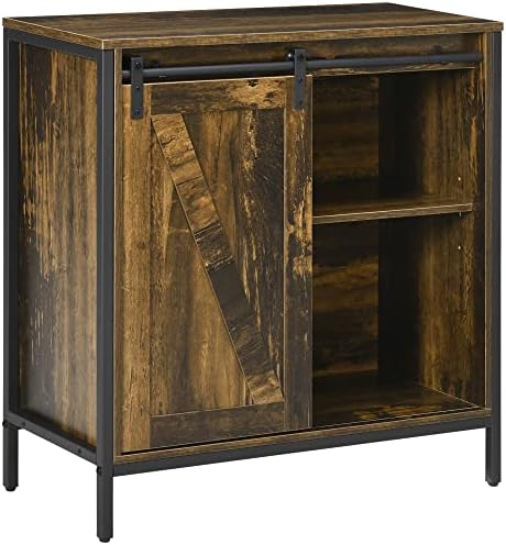 HOMCOM Farmhouse Sideboard Buffet Cabinet, Coffee Bar Cabinet with Sliding Barn Door and Adjustable Shelf, Kitchen Storage Cabinet with Metal Frame, Rustic Brown