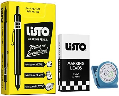 Bundle of Listo 1620 Marking Pencil/Grease Pencils/China Marking Pencils/Wax Pencils - Black, Box of 12 With 72 Refills With Magnetic Memo Clip