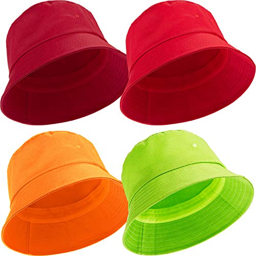 Bucket Hats for Men Women Sun Travel Summer Beach Hat Adult Fishing Hat Breathable Cotton Hat (Wine Red, Red, Orange, Light Green, 4 Pieces)