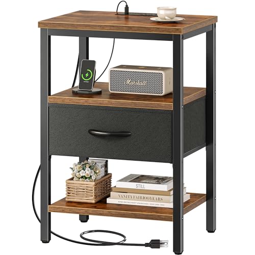 SUPERJARE Nightstand with Charging Station, Bed Side Table with Adjustable Fabric Drawer, Night Stand for Bedroom, 3-Tier Storage End Table, for Living Room, Rustic Brown and Black