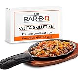 Mr. Bar-B-Q Cast Iron Fajita Skillets Set, Pre-Seasoned Non-Stick Sizzling Plate, Wooden Base w/Cloth Handle, Sizzler Steak Plate, Cast Iron Skillets for Home, Bar & Restaurants, Catering, Parties