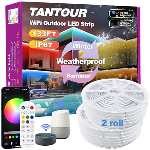 Tantour 133FT WiFi Outdoor Led Strip Lights Waterproof, IP67 RGB Waterproof Led Light Strip Sync Music with Smart APP Remote Control, Permanent Outdoor Lights for House, Gazebo, Deck, Party