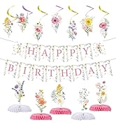 Rngmsi Flower Birthday Decorations for Girls Women, 14PCS Wildflower Happy Birthday Banners Hangi...