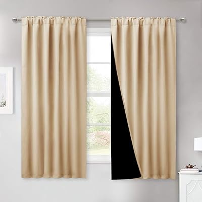 NICETOWN Bedroom Full Blackout Cold Reducing Curtain Panels, Super Thick Insulated Window Covers, Truly Blackout Draperies with Black Liner for Bathroom Window (Biscotti Beige, Set of 2, 52 by 63)