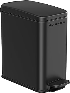 SONGMICS Bathroom Trash Can, 1.3 Gallon (5 L) Small Trash Bin with Lid, Slim for Small Spaces, Stainless Steel Garbage Ca...