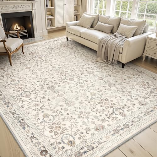 MontVoo-Vintage Area Rugs 8X10 Beige Rugs for Living Room-Soft Distressed Printed Rugs for Bedroom-Non Slip Carpet-Machine Washable Rug for Dining Room Living Room Bedside Office