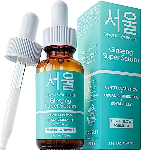 SeoulCeuticals Korean Skin Care Ginseng Serum - K Beauty Skincare with Green Tea + Centella + Royal Jelly - Cruelty Free & Organic for Dewy Glow 1oz