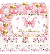 87 PCS Pink and Gold Butterfly Birthday Party Supplies Include Photography Backdrop Banner Pink G...