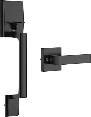 Black Front Door Handles Exterior, Entry Handlesets with Interior Reversible Lever, Modern Single Cylinder Lower Half Grip Front Entry Door Handle No Lock for Right/Left Handed Entrance