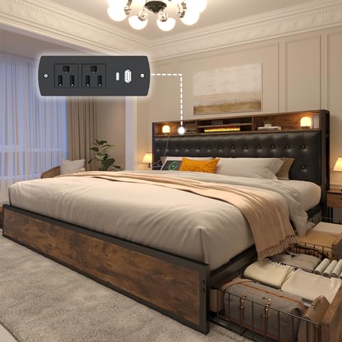 EnHomee King Size Bed Frame with 4 Storage Drawers King Bed Frame and Headboard UpholsteredKing Size Bed Frame with Storage & Charging Station,No Noise,No Box Spring Needed,Vintage Brown