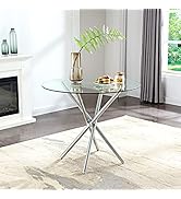 SICOTAS Glass Dining Table Round Kitchen Table with 4 Silver Chrome Legs,Modern Circle Dining Roo...