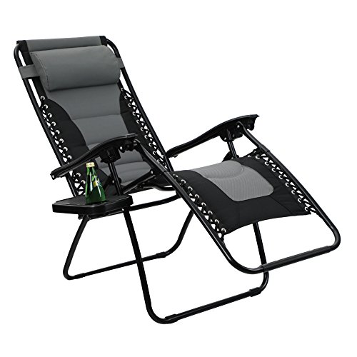 PHI VILLA Padded Zero Gravity Lounge Chair Patio Adjustable Reclining with Cup Holder for Outdoor Yard Porch (Grey)