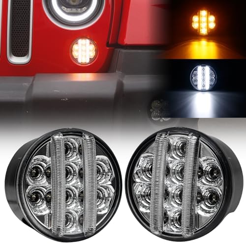 Aexploer for JK Front Turn Signal LED Lights Running Lamps Compatible with Wrangler JK JKU 2007-2018,White Vertical LED Bar as Daytime Running Lights,Amber Yellow LED as Turn Signal Lights(Clear Lens)