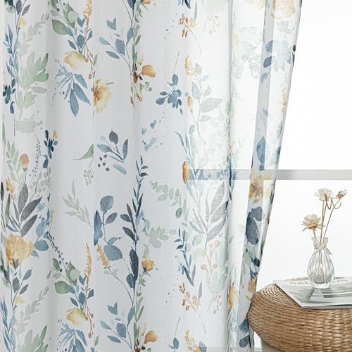 MYSKY HOME Floral Curtains for Living Room 84 inches Long Classic Printed Flower Leaf Sheer Curtains for Bedroom, Bathroom, Rod Pocket Window Drapes Yellow and Blue, 2 Panels, 52 x 84 inch