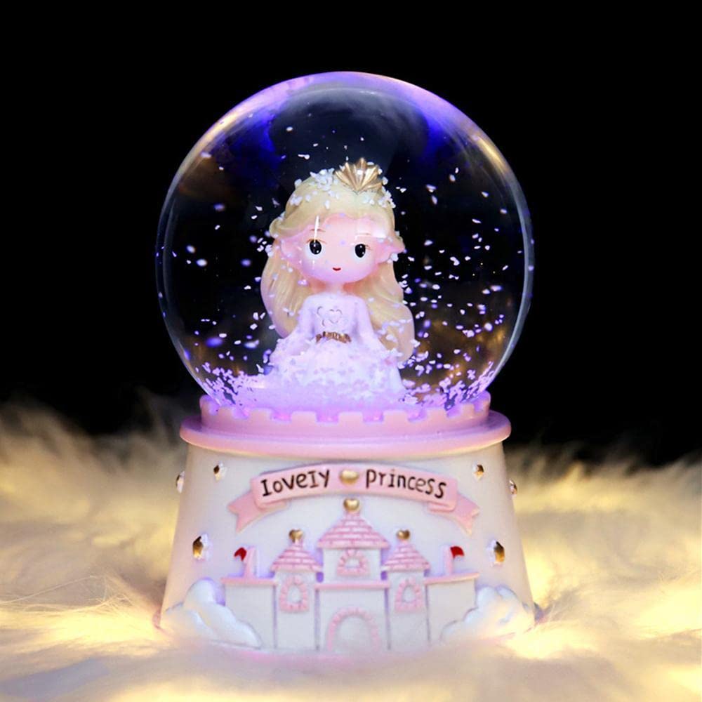 GoodernPrincess Castle Snow Globes,Snow House Rotating Crystal Ball with Color Changing LED Lights Resin Princess Crystal Ball Table Lamp Islamic Muslim Ramadan Gifts Eid Mubarak Party Decor-Pink