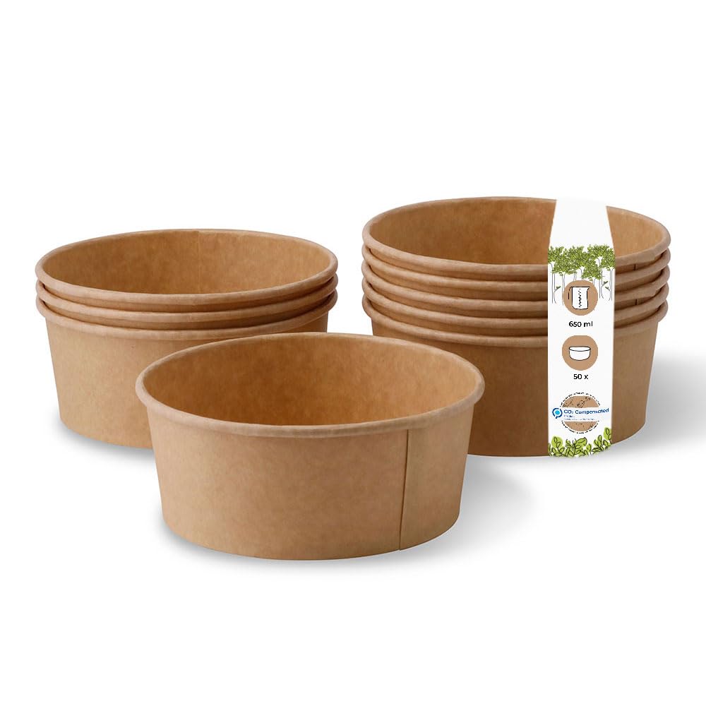 GREENBOXKraft Cardboard Bowls, 650 ml, Pack of 50 Compostable Soup Bowls Made of Kraft Cardboard, Salad Bowl with PLA Inner Coating, To-Go Tableware without Plastic, Cardboard Bowls, Brown, Round