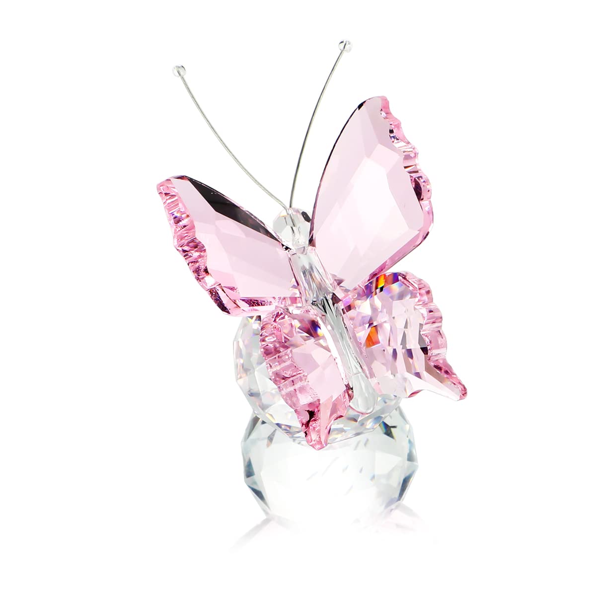 H&D Crystal Flying Butterfly with Ball Base Figurine Art Glass Collection Ornament Statue Animal Paperweight (pink)