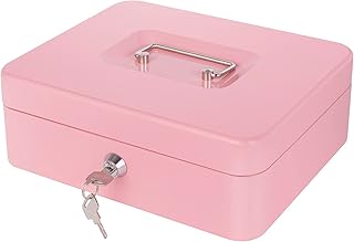 Cash Box with Money Tray and Lock, Metal Money Box for Cash, Safe Box Lock Box for Money 9.84x7.87x3.54 Inches Pink