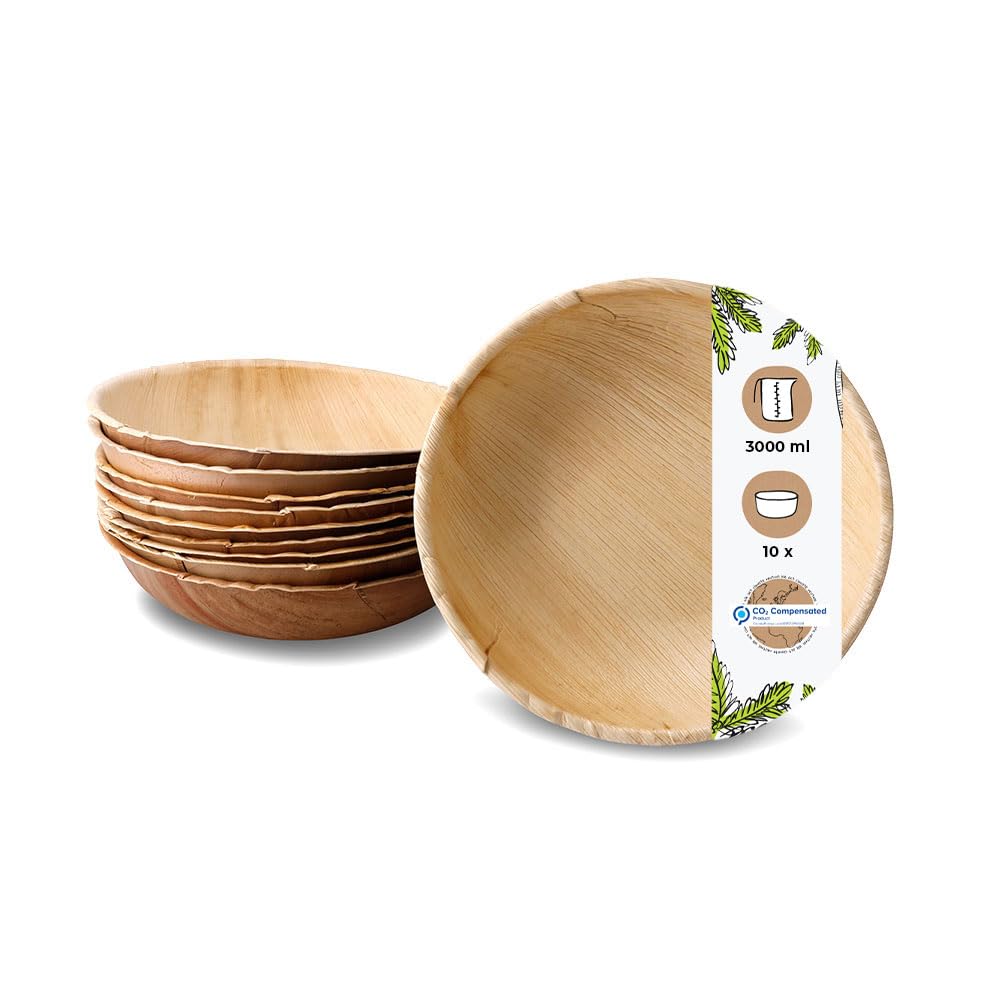 GREENBOXPalmware - Environmentally Friendly Disposable Tableware Made of Palm Leaves, Pack of 10, Round Palm Leaf Bowl, 3000 ml, Diameter 30 cm, Salad Bowl, Dip Bowl, Soup Bowl, Serving Bowl, Snack