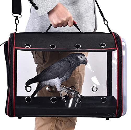 Colorday Lightweight Bird Carrier for Travelers, Bird Travel Cage with Parrot Feeder Cups & Standing Perch and Tracy (Large 19 x 12 x 13, Black)