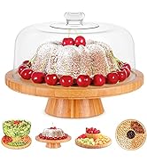 Bamboo Cake Stand with Clear Acrylic Dome Cover - 6-in-1 Multifunctional Cake Holder, Serving Pla...