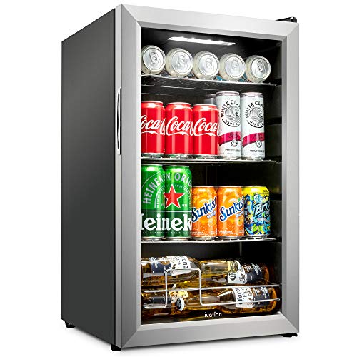 Ivation 101 Can Beverage Refrigerator  Freestanding Ultra Cool Mini Drink Fridge  Beer Cocktails Soda Juice Cooler for Home Office  Reversible Glass Door Adjustable Shelving Stainless Steel